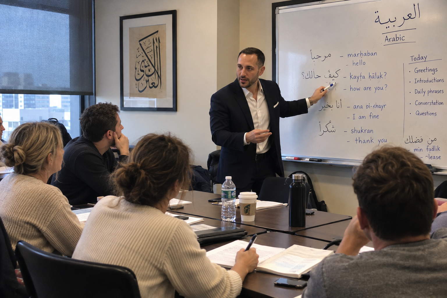 Illustrative classroom scene focused on Arabic-language learning and cross-cultural communication