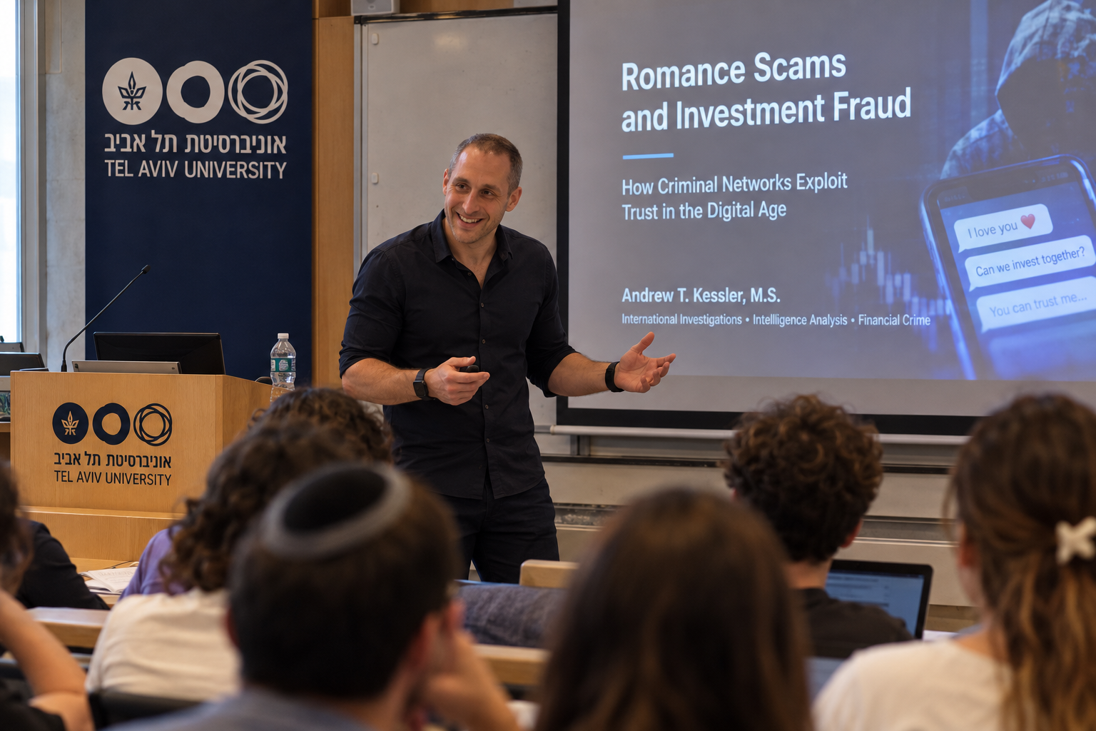 Illustrative scene of Andrew T. Kessler presenting a university lecture about romance scams and investment fraud