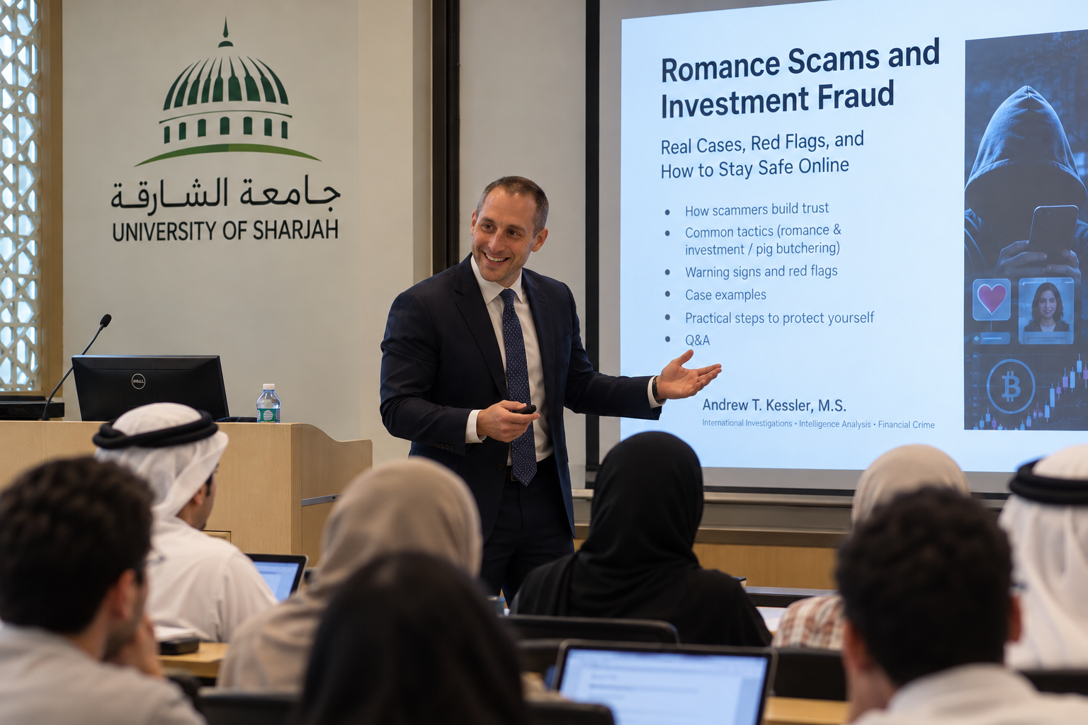 Illustrative academic lecture scene on online fraud at the University of Sharjah